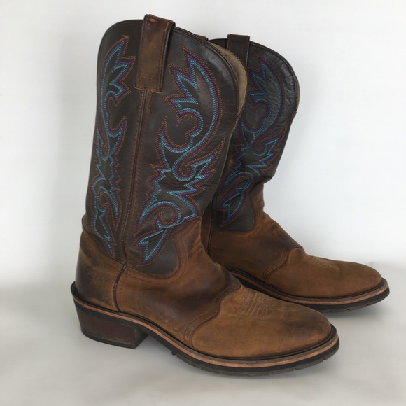 Double H Mens Western Work Cowboy Boots Size 9 1/2 EE Brown Embroidered Leather